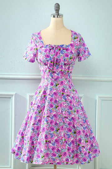 Vestido de verão vintage de pescoço quadrado floral